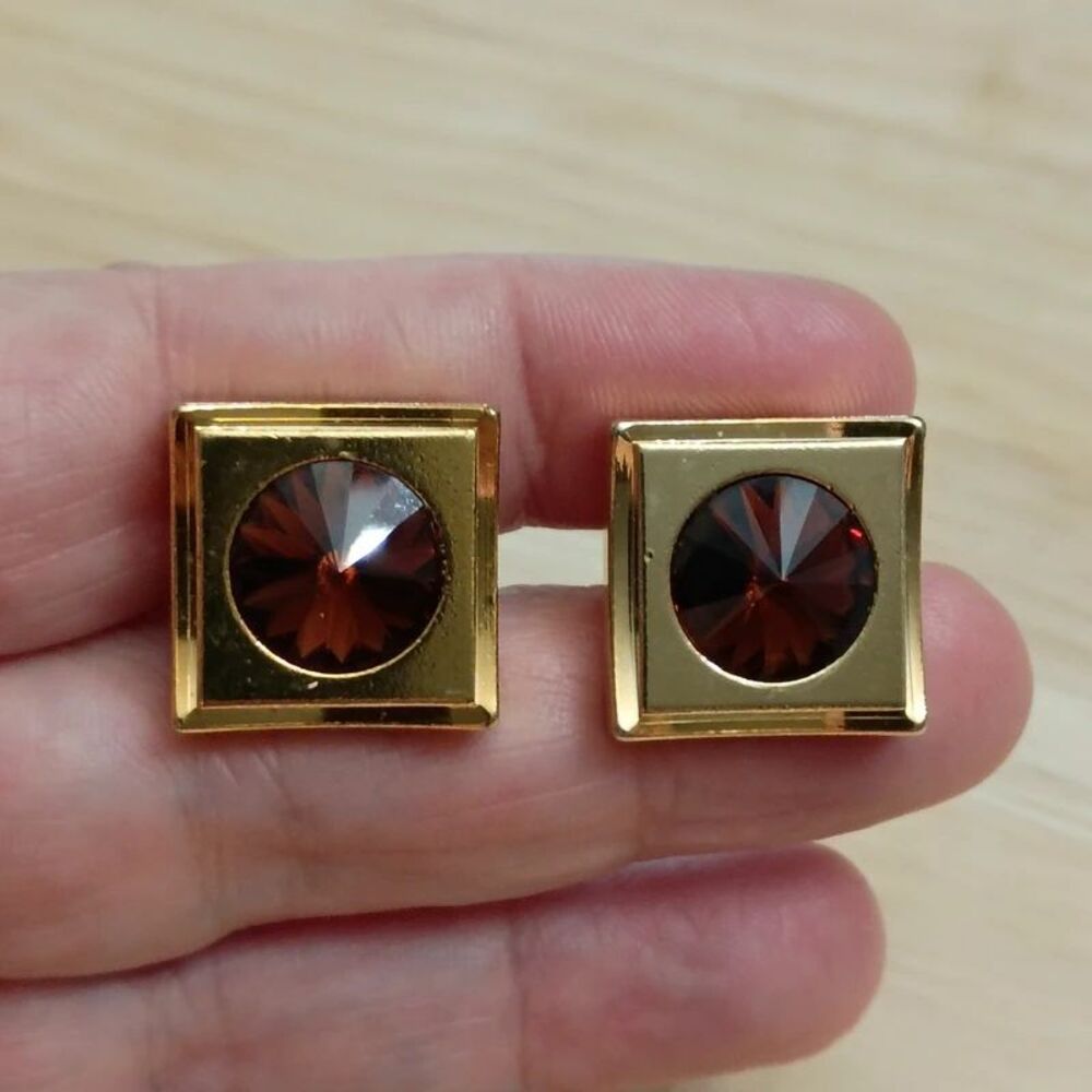 Vintage Gold -Tone Square Metal & Brown Stone Cufflinks Set of 2